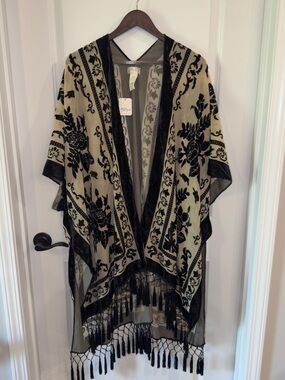 Free People Kimono Black Velvet Burnout Fringe Duster